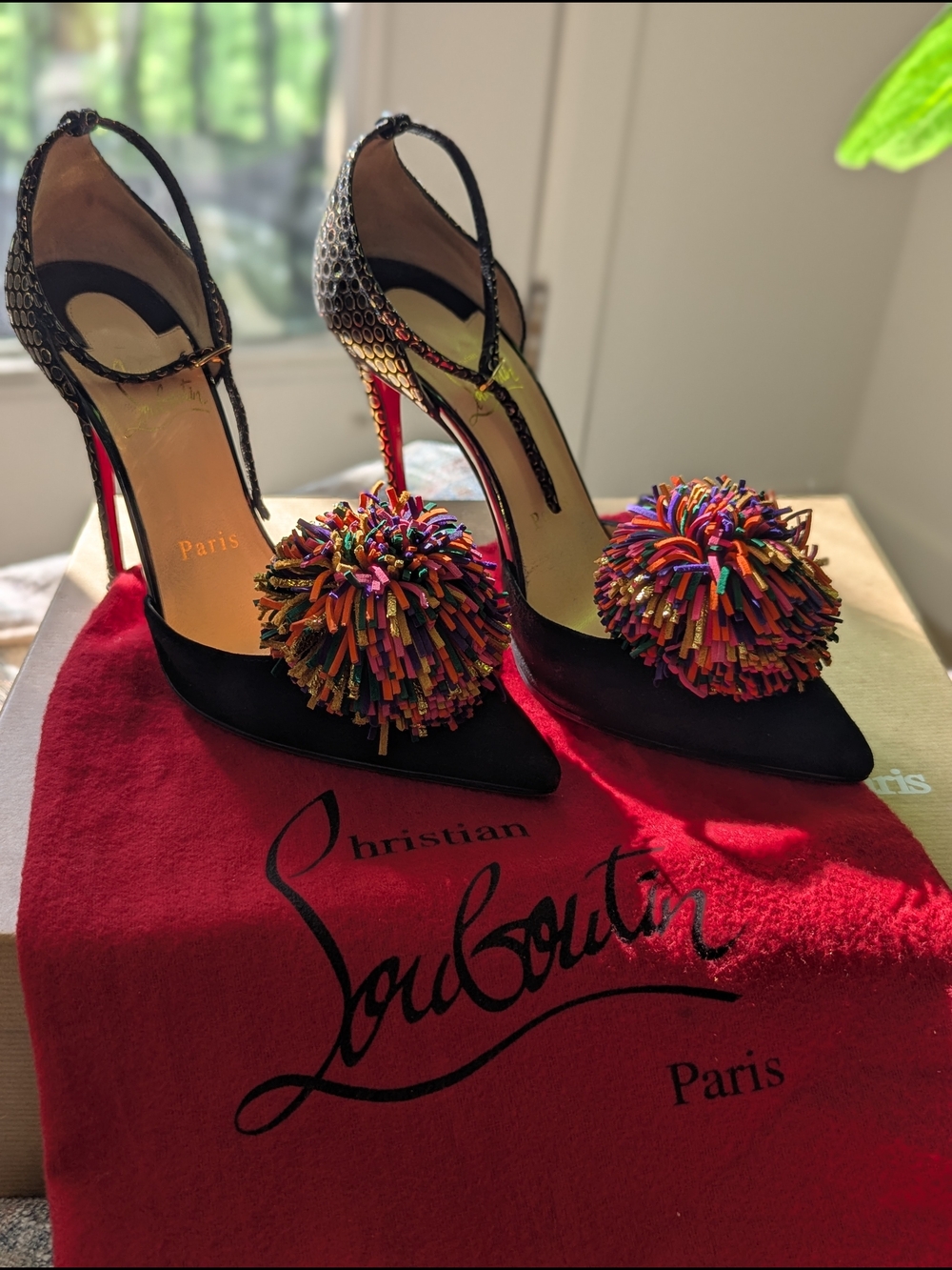 Christian Louboutin Black Satin Pointed Pumps with Multicolor Pom-Poms